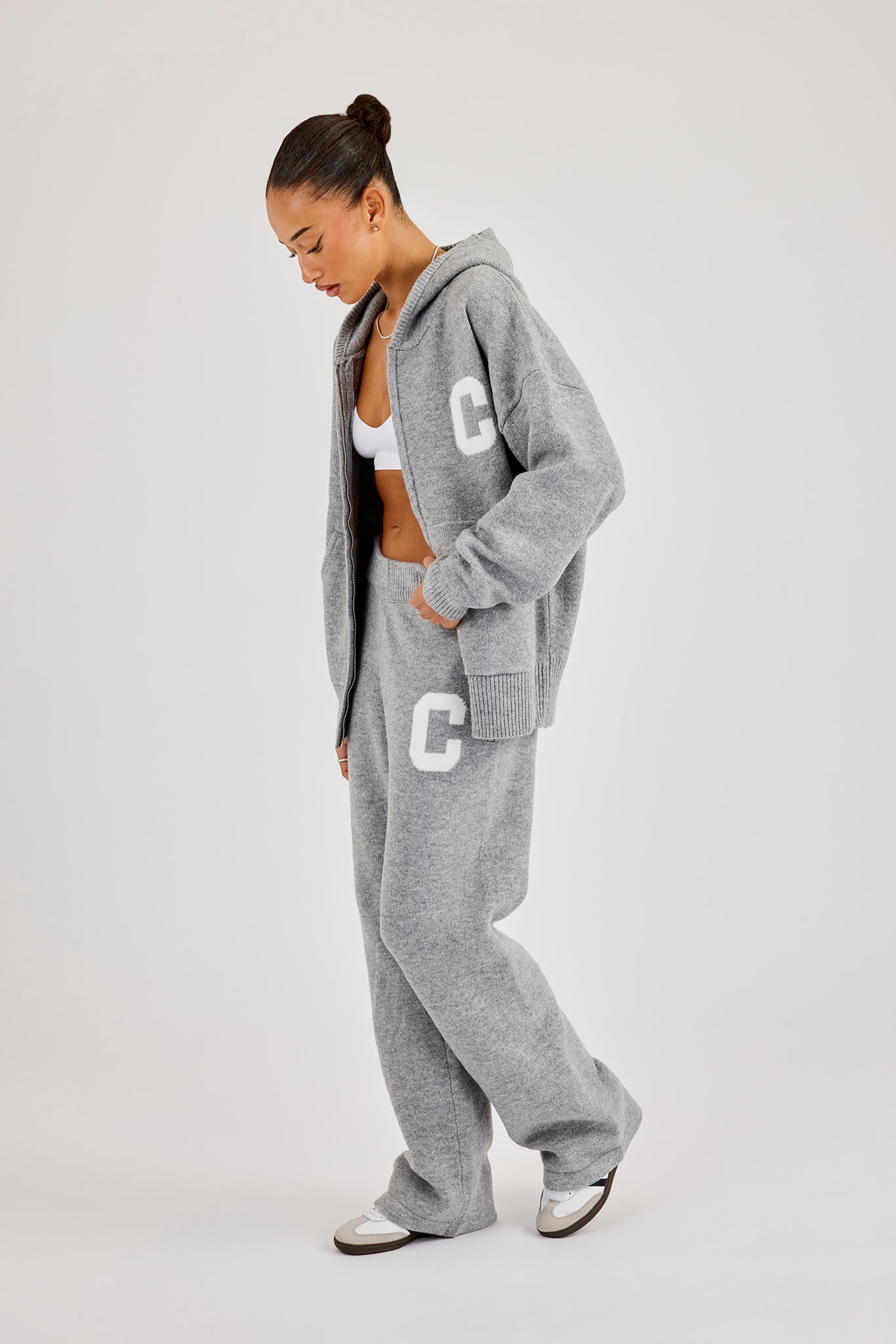 Hooded Zip Through Knitted Tracksuit - Grey